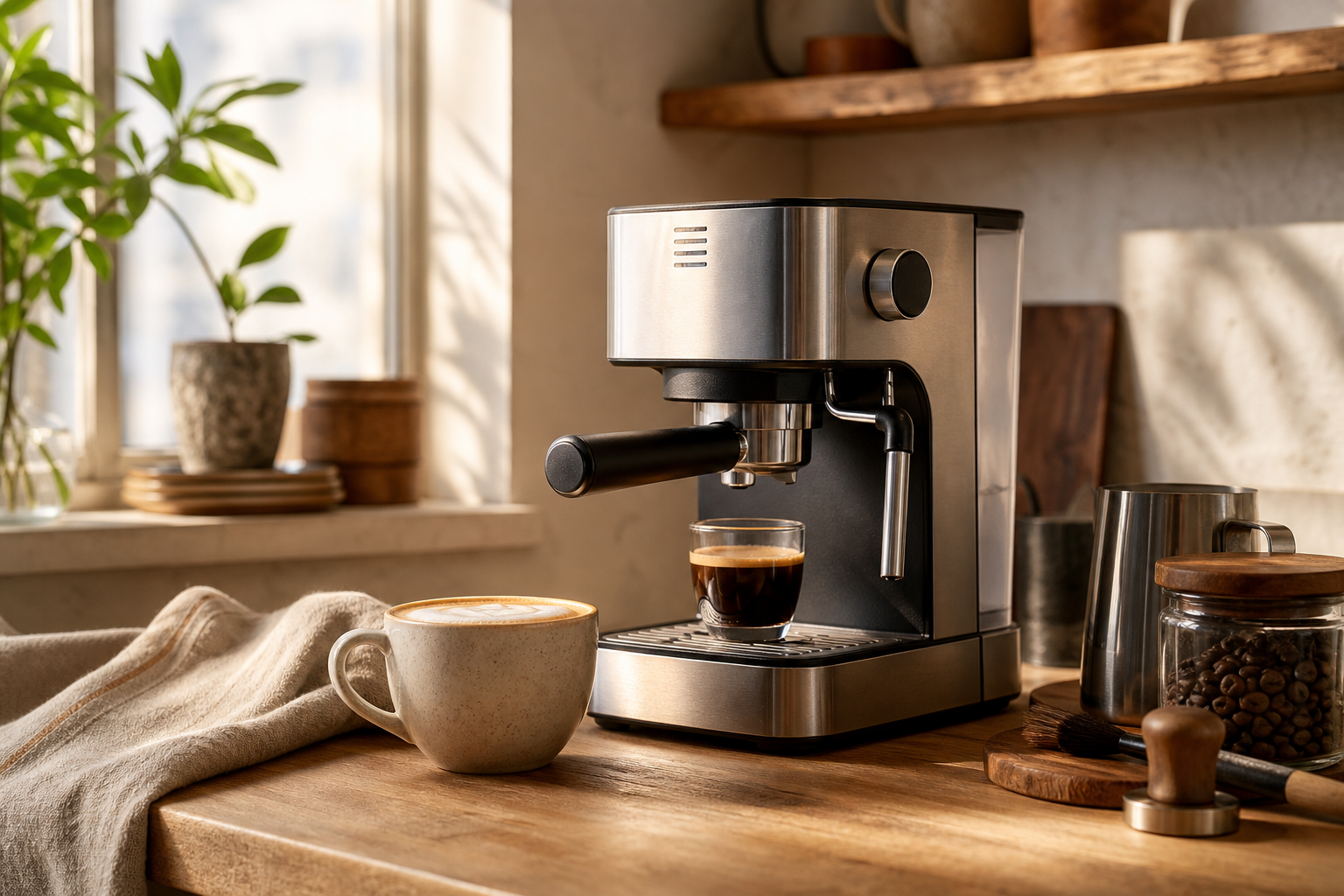 Warm editorial scene of a home espresso setup with a compact machine, ceramic cup, and soft morning light on a wooden countertop