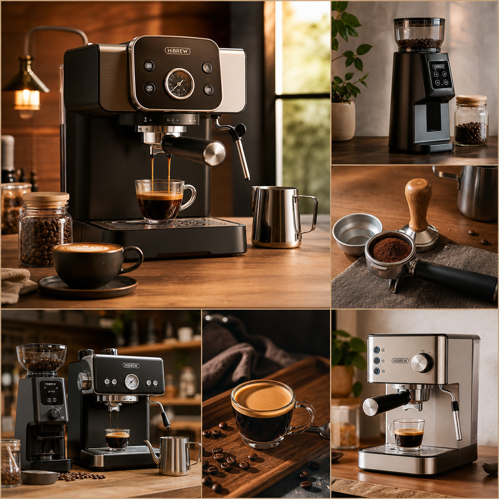 Warm editorial collage of HiBREW-style espresso machines, portafilter tools, milk pitcher, beans, and finished espresso shots on a wooden countertop