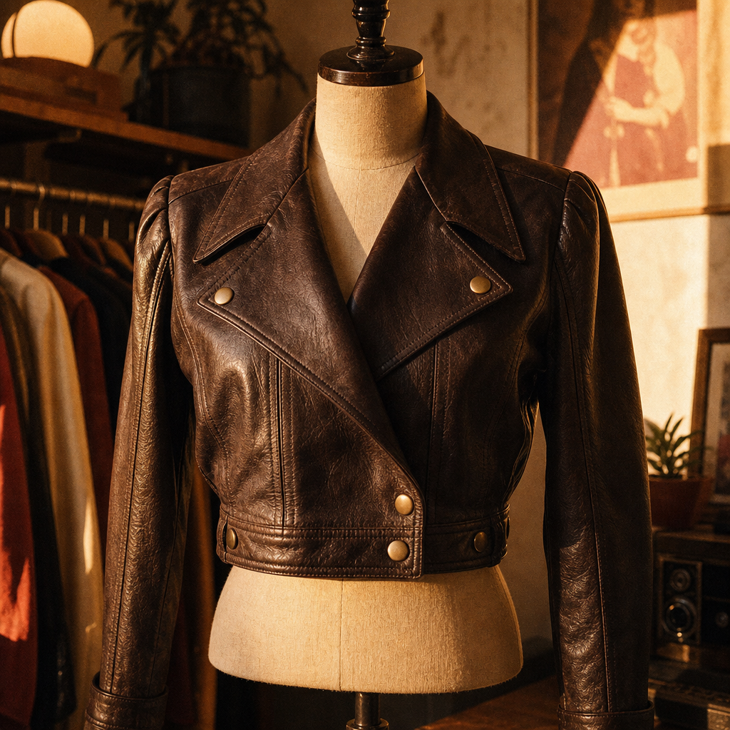 Cropped 1980s leather jacket in deep espresso brown with oversized lapels and matte brass buttons