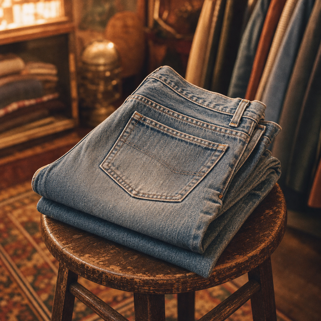 Vintage 1980s high-rise denim jeans folded on a wooden stool with visible worn seams and light whiskering