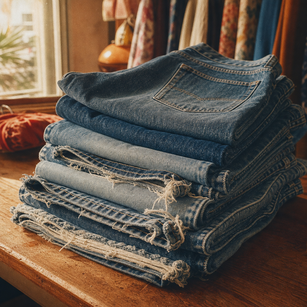 Stack of faded 1980s denim jeans in indigo and sky-blue washes with visible frayed hems