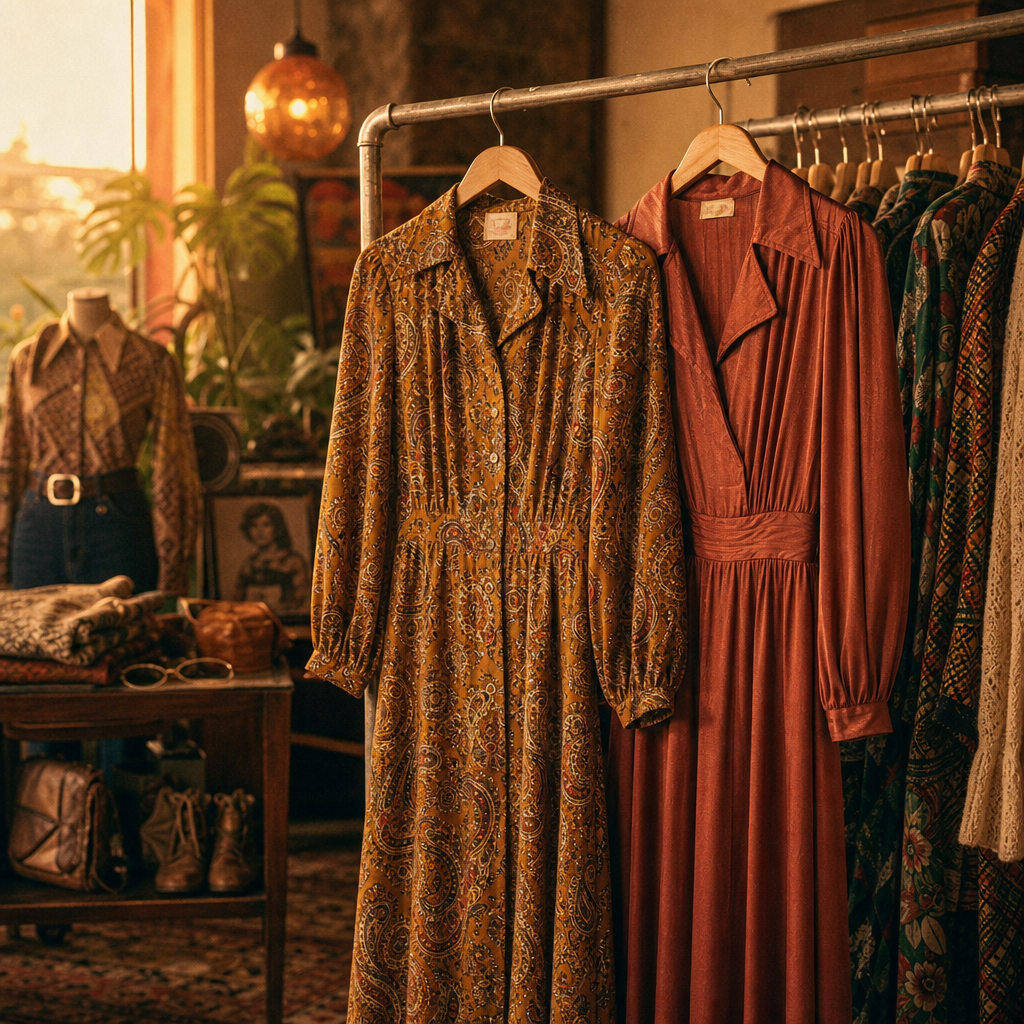 Two 1970s midi dresses on a rack, one mustard with a paisley print and one rust red with a soft sheen