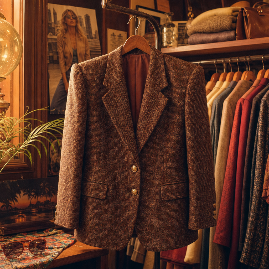 Structured 1980s blazer in rich chestnut tweed with pronounced padded shoulders and contrast buttons