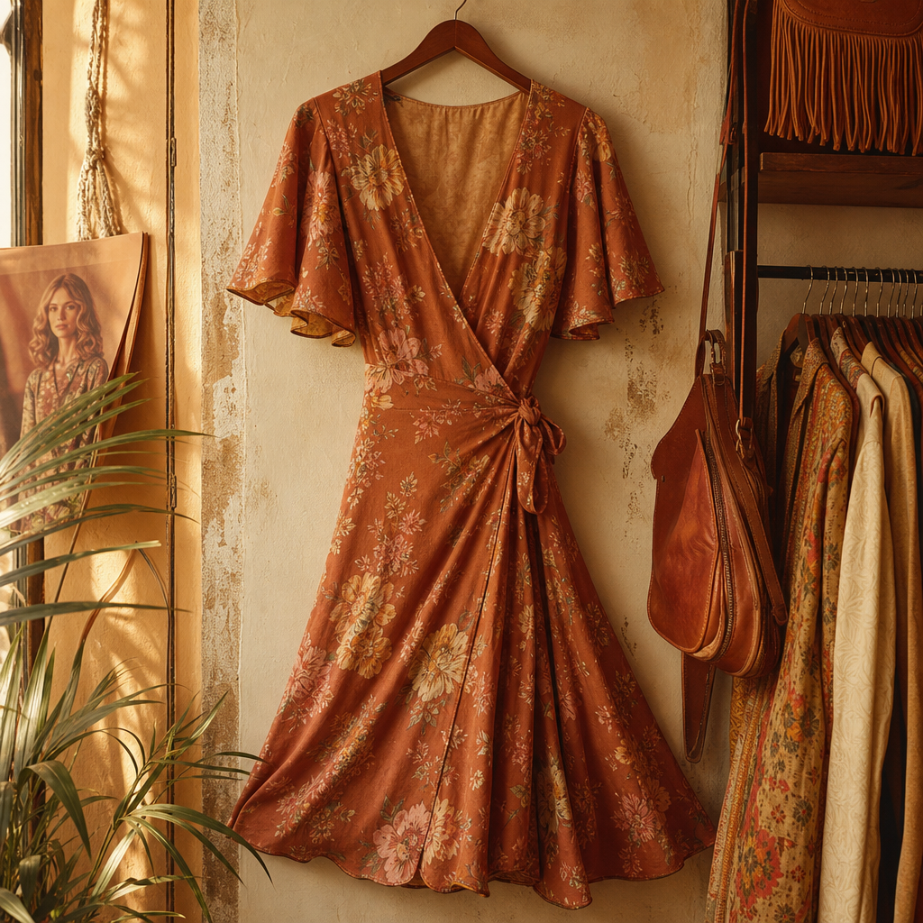 Flowing 1970s wrap dress in warm terracotta with a faded floral print and soft flutter sleeves