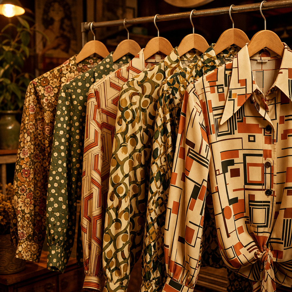 Assortment of 70s and 80s patterned blouses with bold geometric prints in amber, olive, and cream