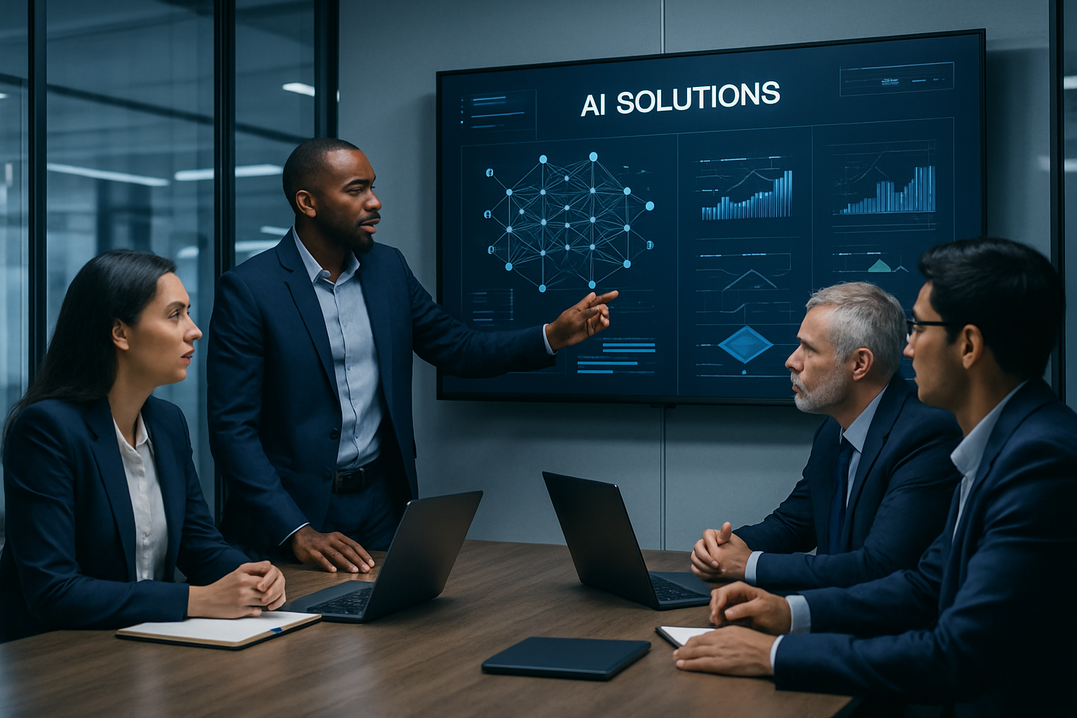 A modern consultancy team in a glass-walled meeting room reviewing AI solution blueprints on a large screen