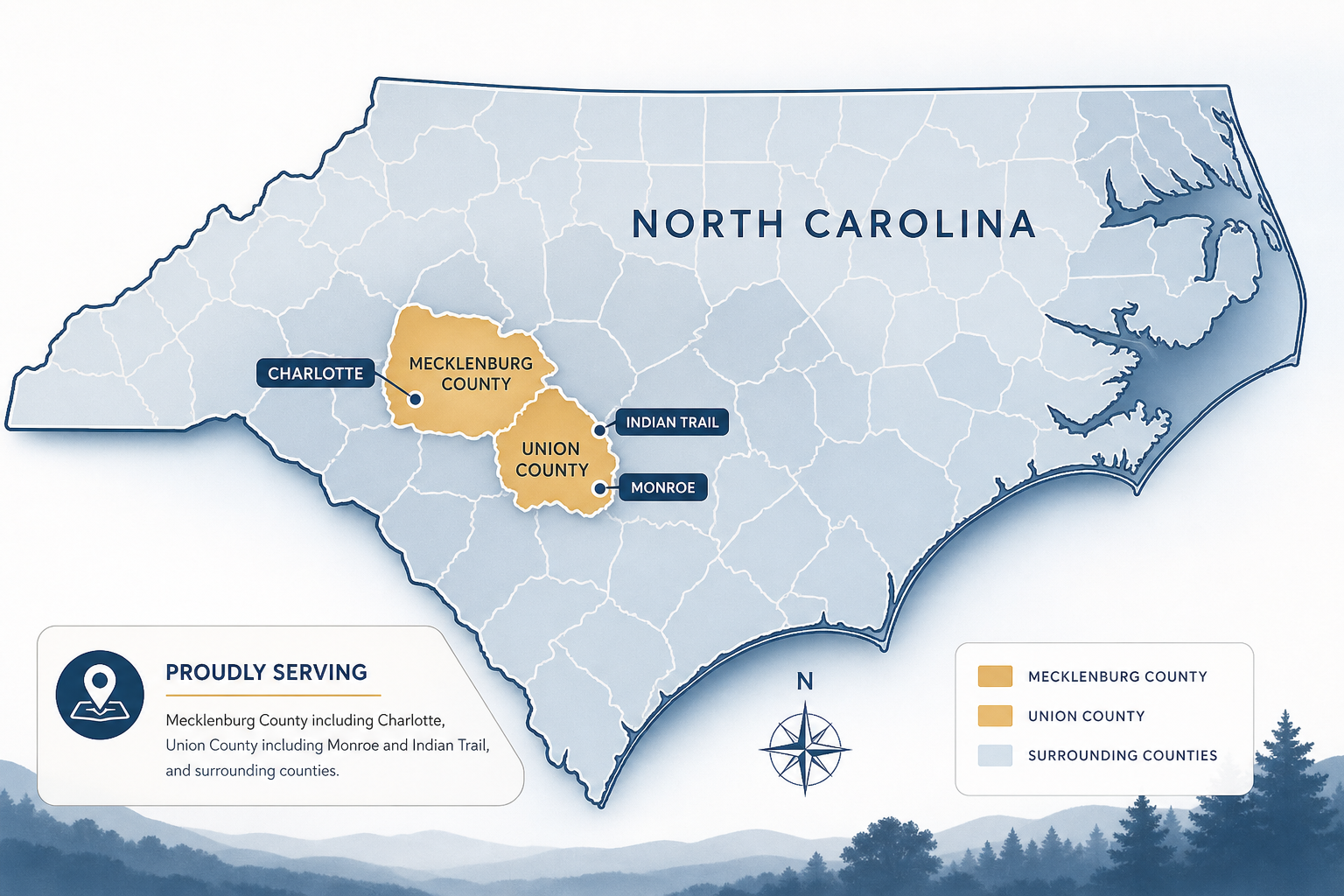 Illustrated map of North Carolina with highlighted Mecklenburg County around Charlotte and Union County near Monroe and Indian Trail, showing nearby surrounding counties
