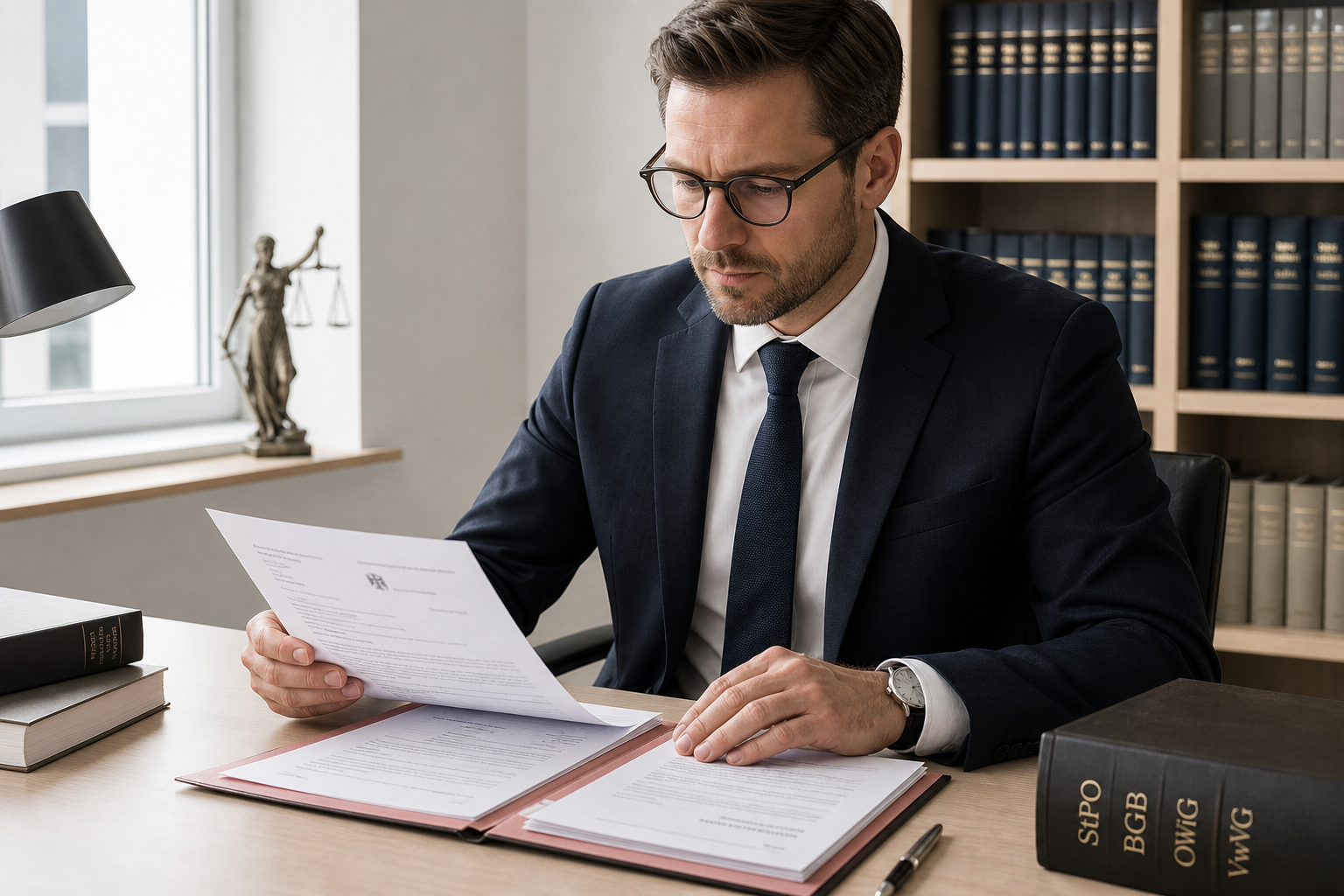 Formal legal consultation scene with a lawyer reviewing structured case notes and official authority correspondence in a professional office