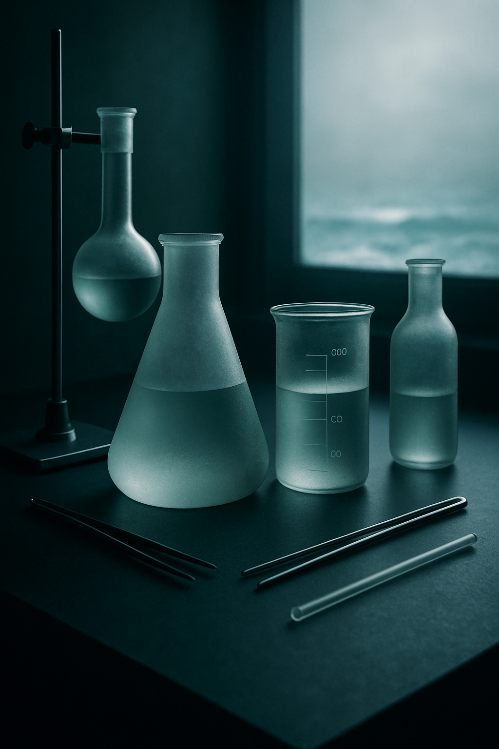 Moody coastal laboratory workspace with frosted glass vessels, teal reflections, and ocean mist light