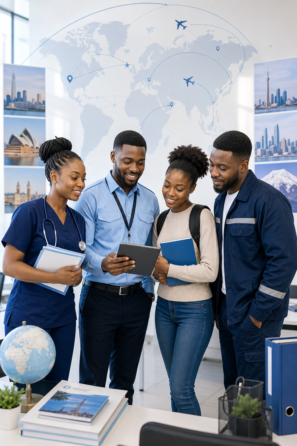 Editorial-style illustration of confident Nigerian job seekers reviewing international opportunities, with subtle globe and travel route motifs
