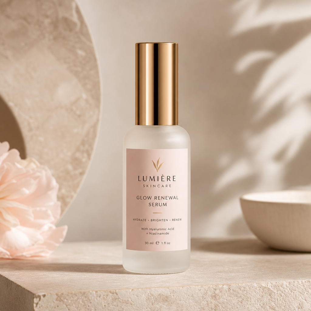 Frosted glass skincare serum bottle with a soft blush label and gold cap, standing on a neutral stone surface