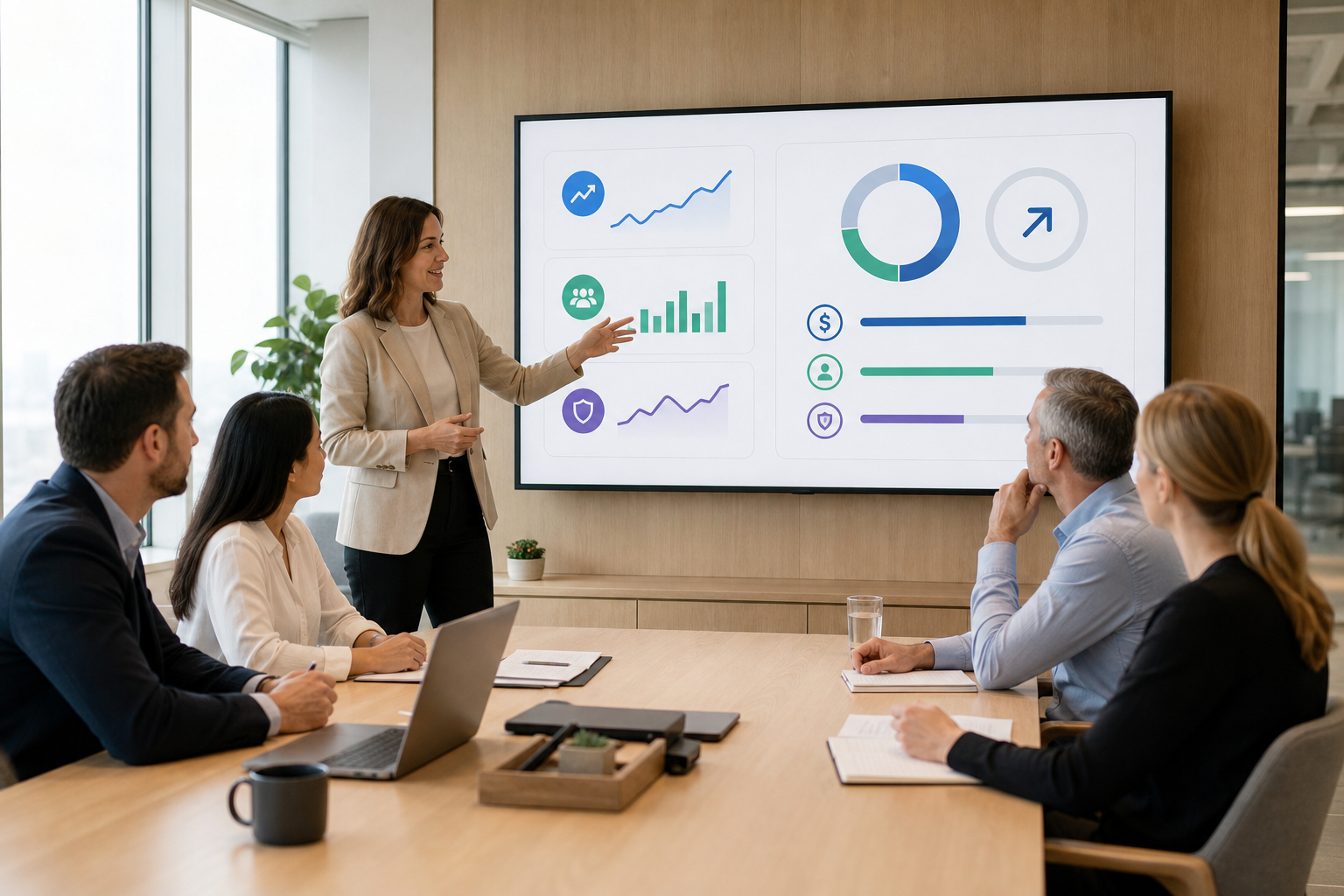 Executive team reviewing a clean, modern dashboard with simplified data signals and outcome highlights in a bright meeting room