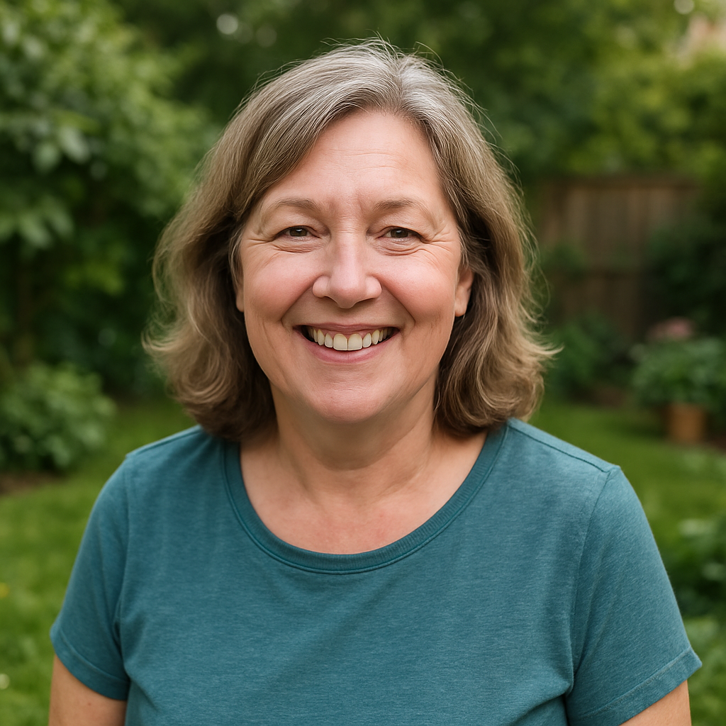 Mary Parker smiling outdoors in her lush backyard