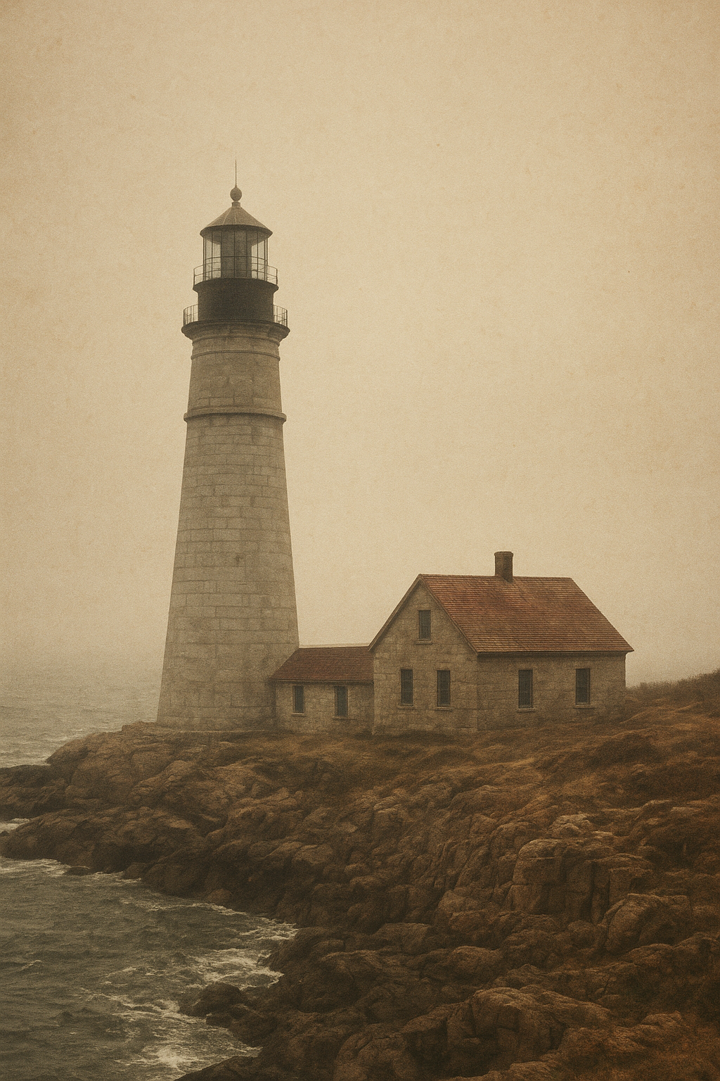 Faded archival photograph of a granite lighthouse above a misty northern shoreline with the keeper's cottage beside it