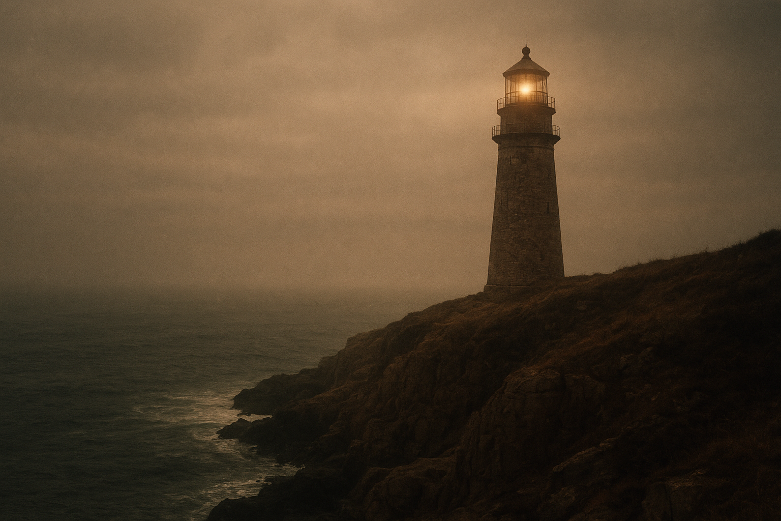 Weathered stone lighthouse on a rugged northern shoreline at dusk, with gentle sea mist and warm faded film tones
