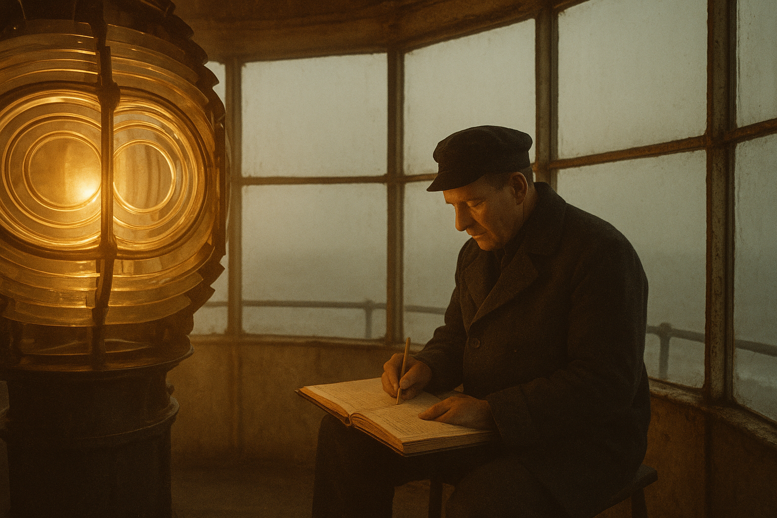 Lantern room interior with brass lens and a keeper in wool coat writing in a maintenance ledger at dusk