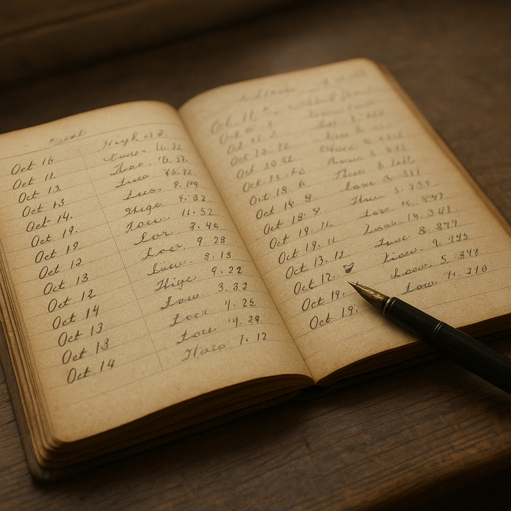 Close view of a worn lighthouse logbook page with dated entries, ink notes, and tide shorthand