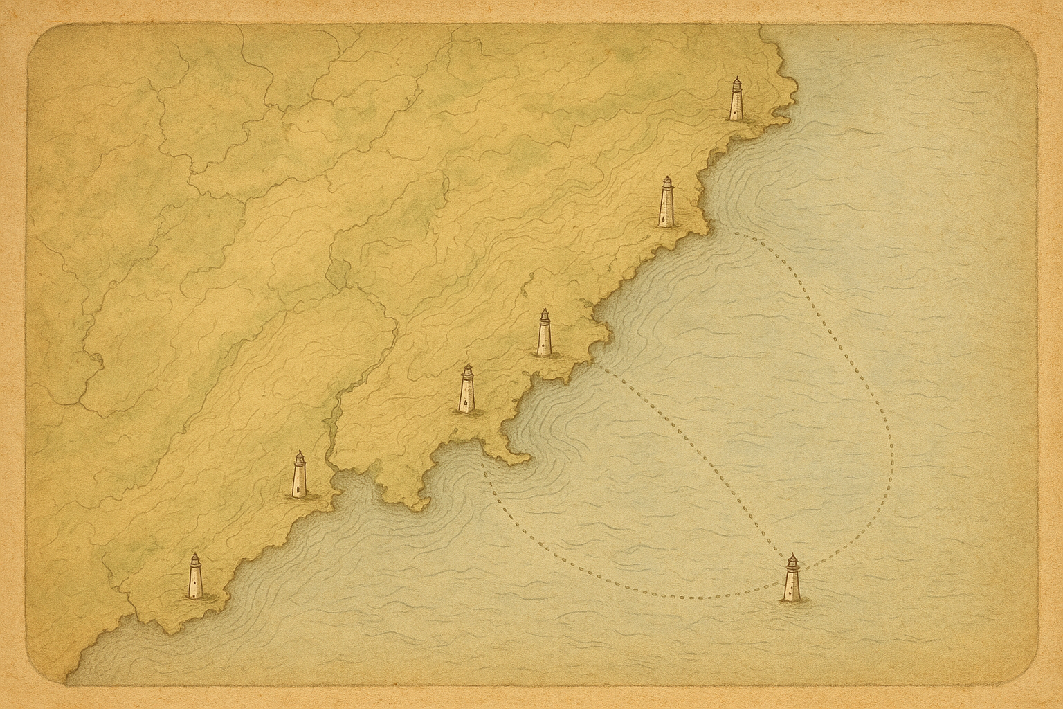 Illustrated northern coast map with six preserved lighthouse markers, route lines, and shoreline cues