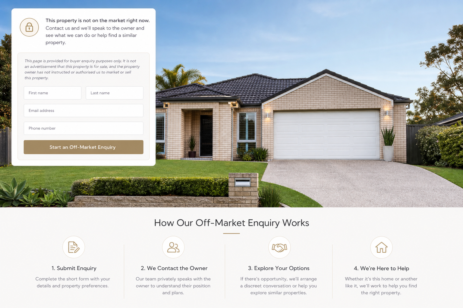Elegant single-story Oxenford home with light brick exterior, dark tiled roof, manicured front lawn, and a double garage under clear skies