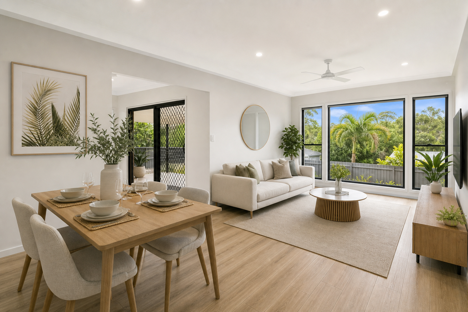Bright open-plan living and dining area with neutral tones, timber-look flooring, and large windows