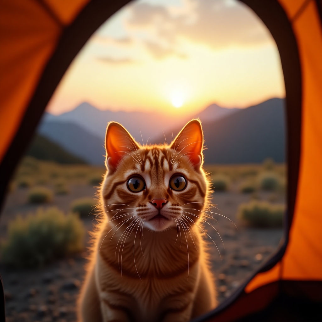 Orange tabby cat peeking out of a tent with wide, startled eyes against a mountain sunrise, acting as if the wilderness is an elaborate plot twist.