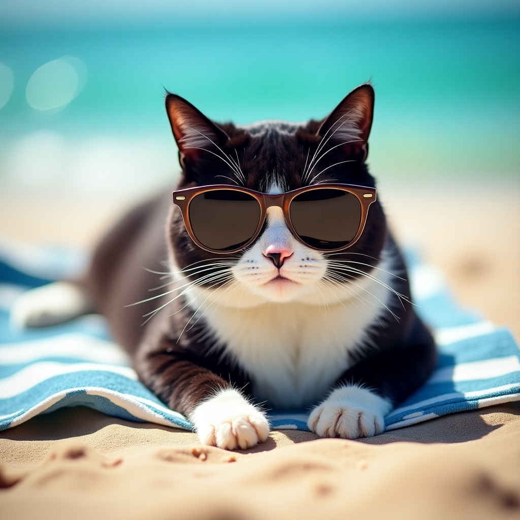 Black and white cat in oversized sunglasses, lounging on a striped towel at the beach, giving a look of supreme disapproval at the sand.