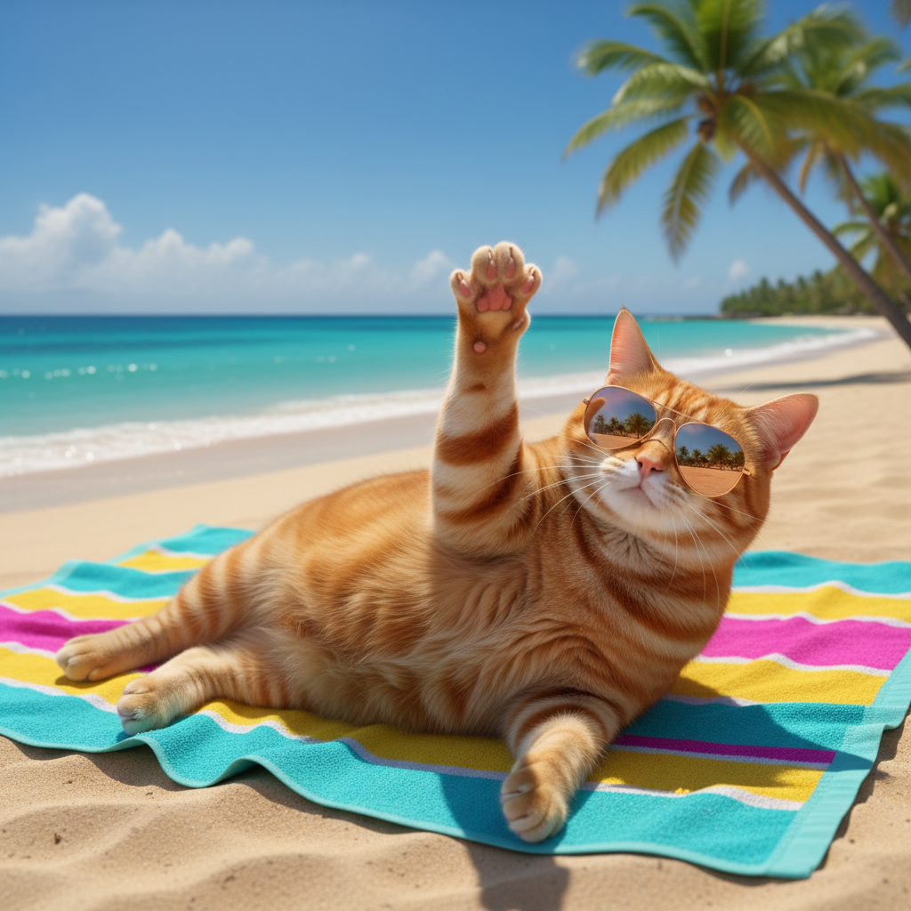 Orange cat wearing sunglasses and sprawled dramatically on a beach towel, paw in the air, sunny beach background, real photo