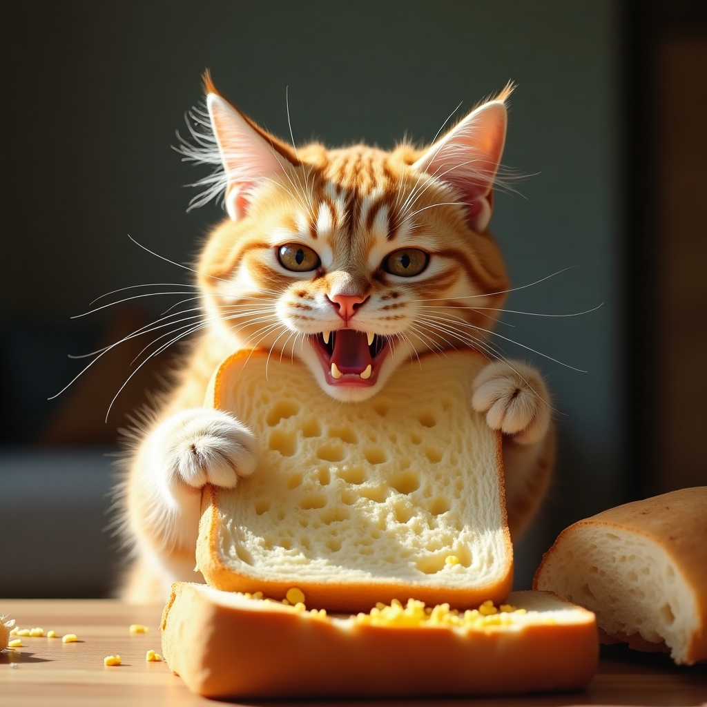 Realistic photo of a real cat eating bread or interacting with bread in a funny way, not cartoon or 2D style