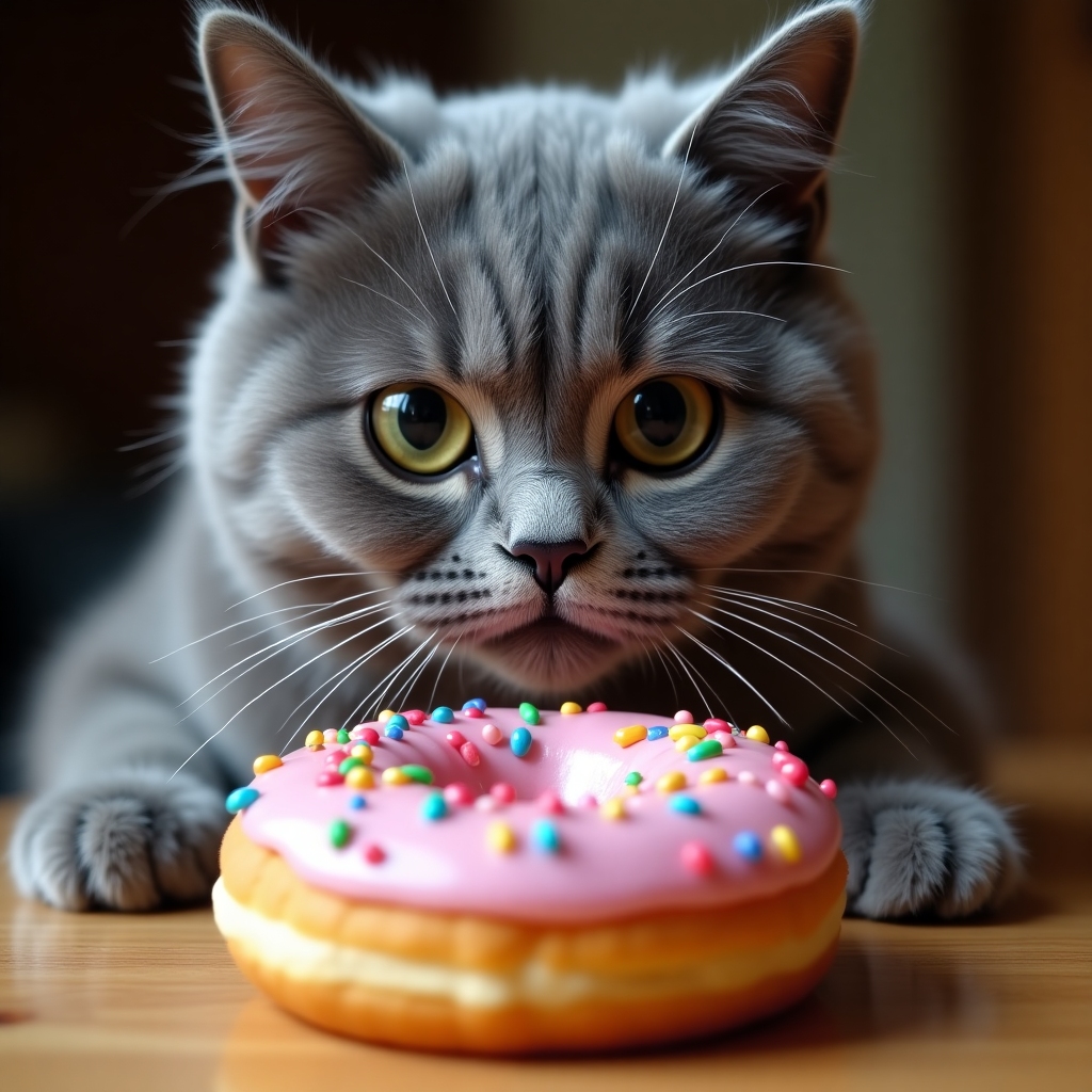 Grey cat looking suspiciously at a colorful sprinkle donut, eyes wide