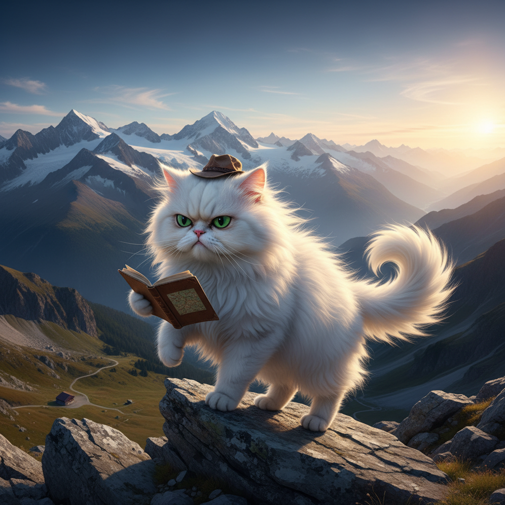 Fluffy white cat with a dramatic, windswept pose on a mountain viewpoint, looking stoic and grumpy, real photo