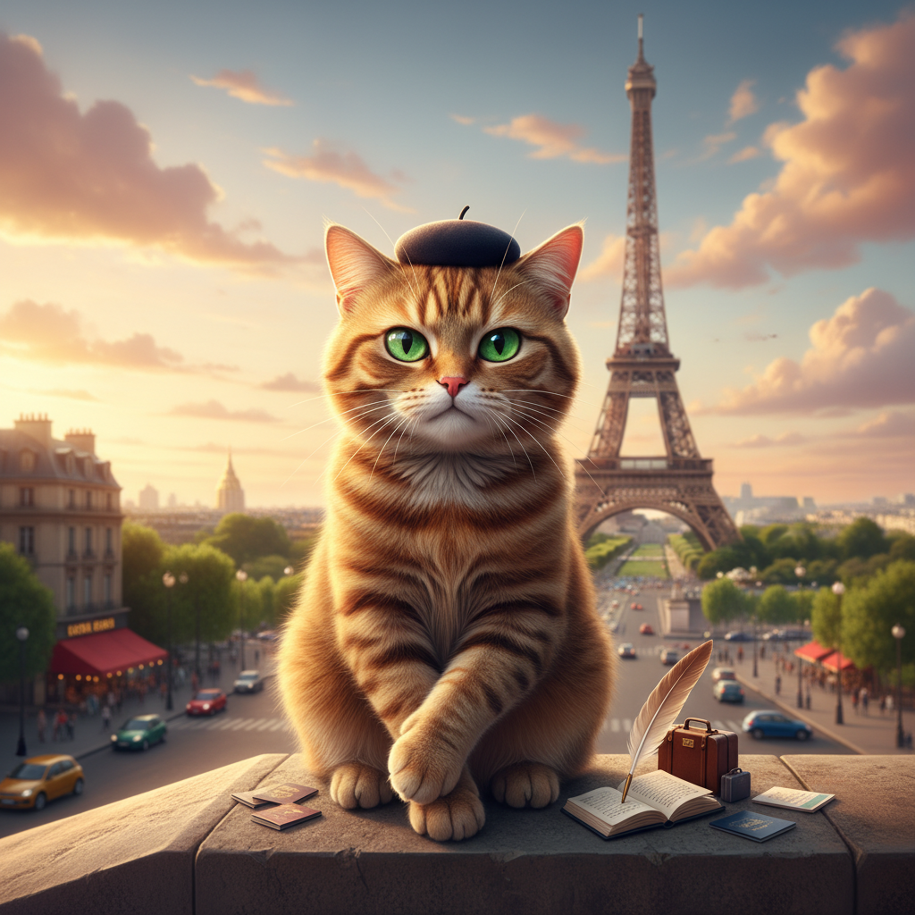 Dramatic tabby cat with big eyes and fluffy fur sitting in front of the Eiffel Tower, looking unimpressed, real photo, humorous travel vibe