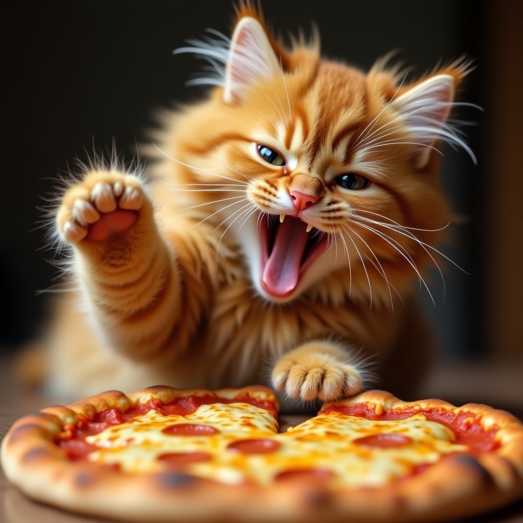 Fluffy orange cat mid-yowl with a slice of pizza, paw dramatically extended