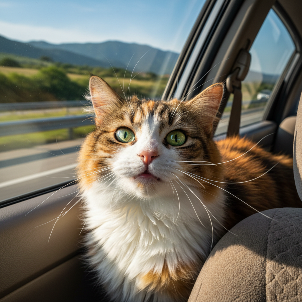Wide-eyed calico cat looking dramatically out a car window, fur blowing in the wind, real photo, humorous travel scene
