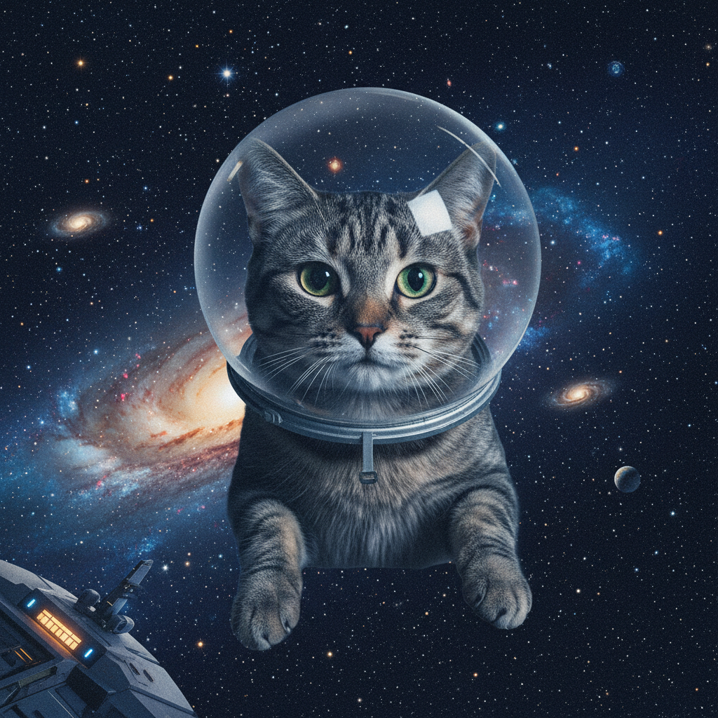 Grey tabby cat in a toy astronaut helmet, floating in front of a starry background, funny serious face, real photo