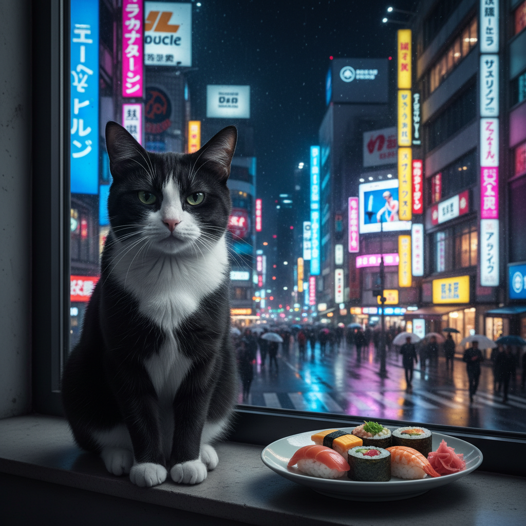 Black and white cat glaring dramatically at neon-lit city street in Tokyo, sitting next to sushi, real photo, funny travel expression