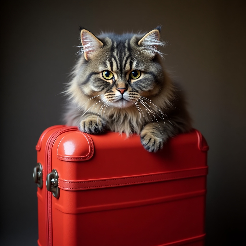 A fluffy grey cat dramatically perched atop a bright red suitcase, looking both excited and suspicious, ready for adventure.