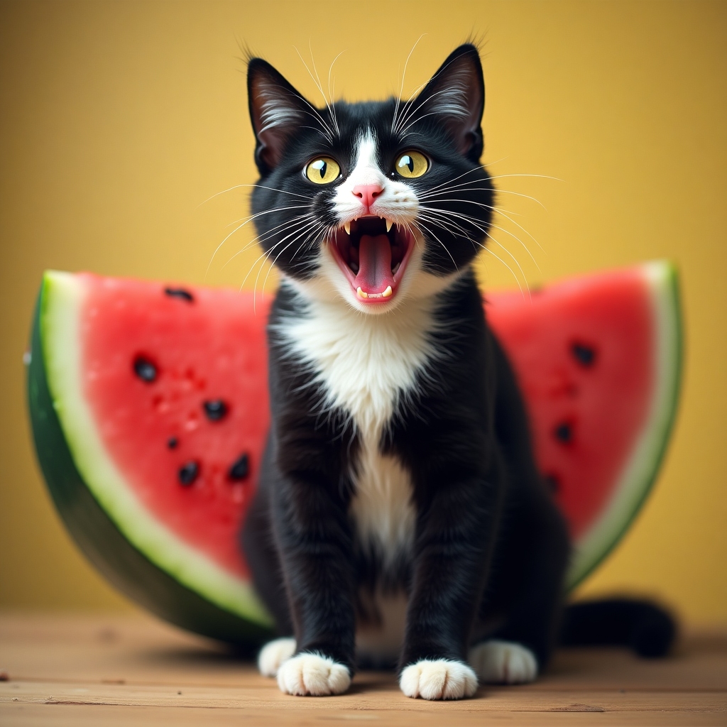 Tuxedo cat with mouth open dramatically in front of a watermelon slice