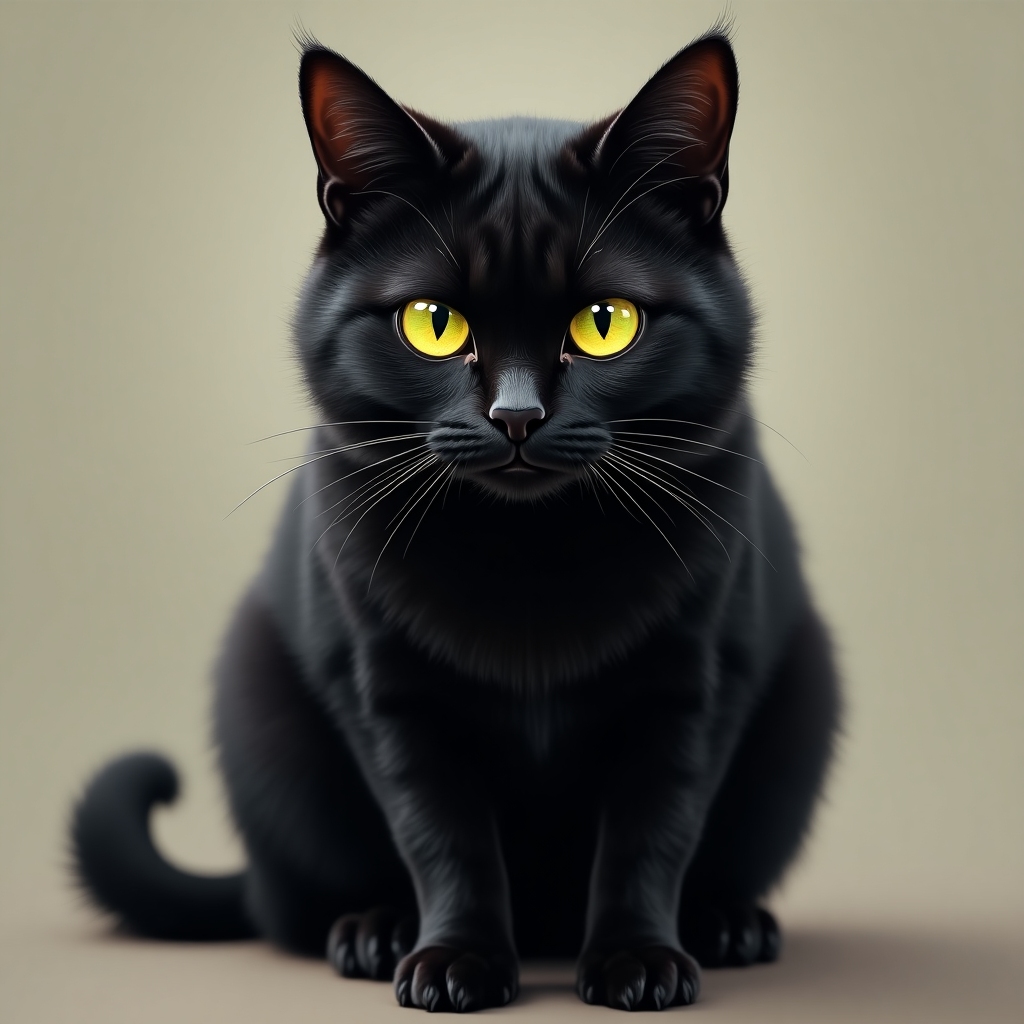 A realistic, lifelike black cat sitting upright with a dramatic, serious expression. The cat has vivid yellow-green eyes and glossy black fur, looking directly at the camera as if judging with intense seriousness. The background is soft and neutral, keeping the focus on the cat's expressive face.