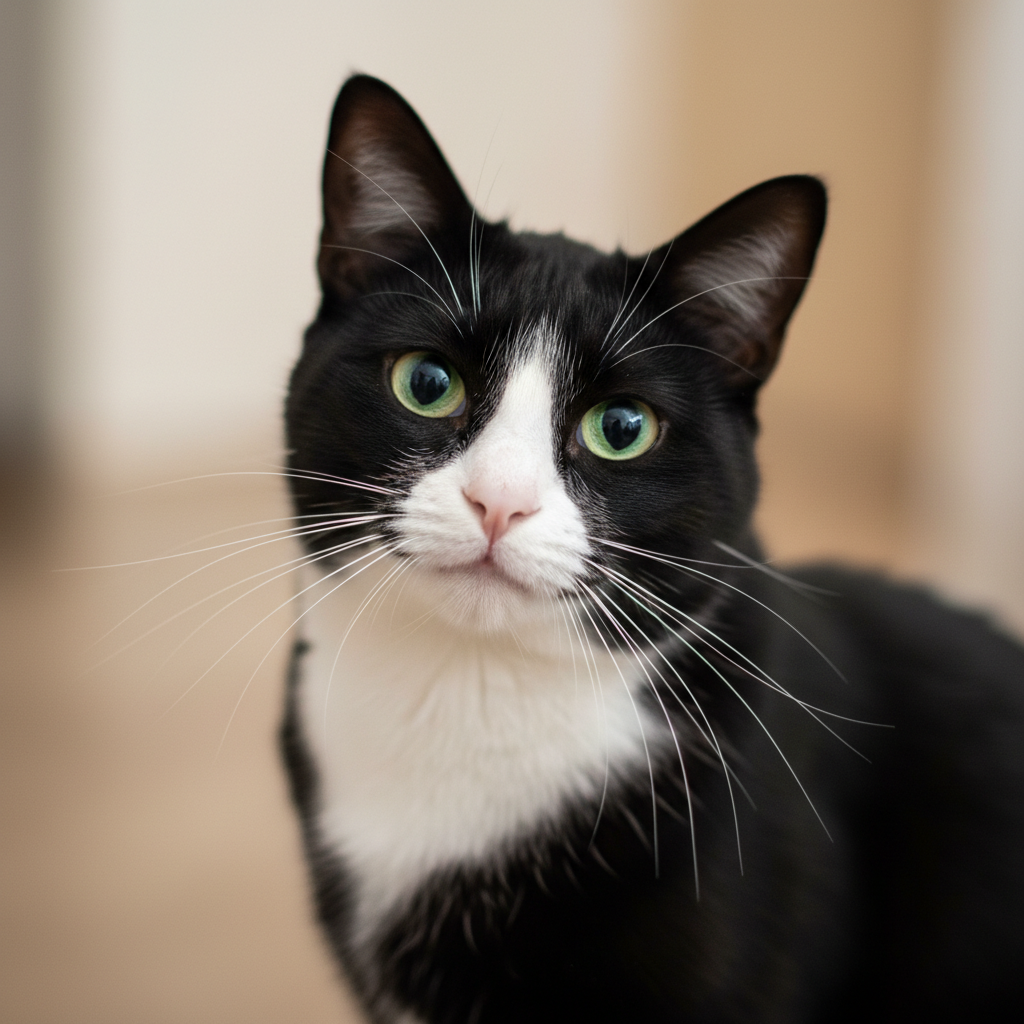 A realistic, lifelike black and white cat with a friendly, gentle expression. The cat's fur is predominantly black with crisp white markings on the chest and face, and it gazes at the camera with soft, approachable eyes and a slight, welcoming smile. The background is softly blurred and neutral, keeping the focus on the cat's expressive, friendly face. The overall look is visually engaging and fits the playful, meme-inspired style of the site.