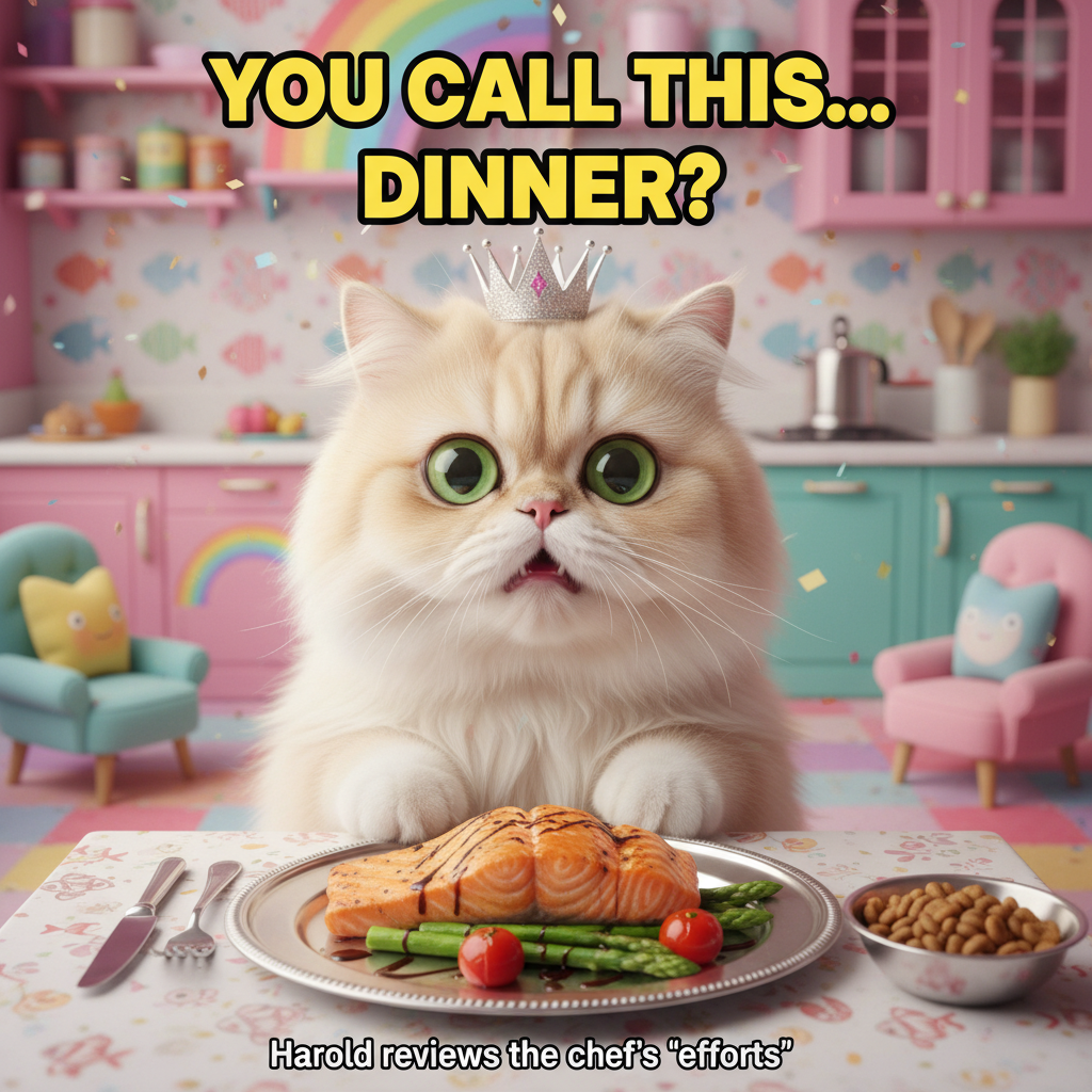 A fluffy cat staring dramatically at a plate of gourmet food, looking both offended and intrigued, meme style