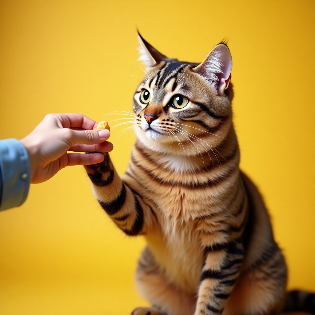 A dramatic cat with wide eyes and an exaggerated expression, posing with a human hand offering a treat. Meme-style, playful scene.