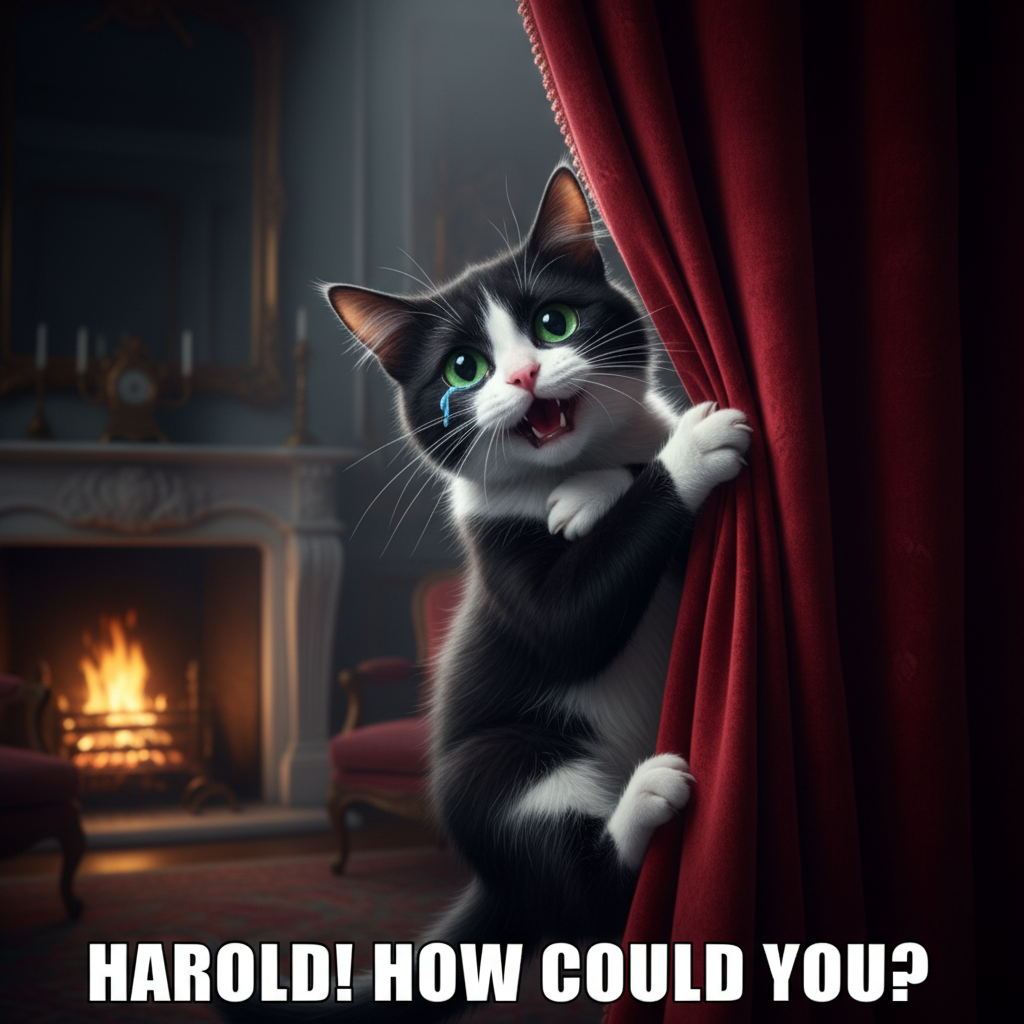 A tuxedo cat dramatically clutching a curtain, as if acting in a soap opera.