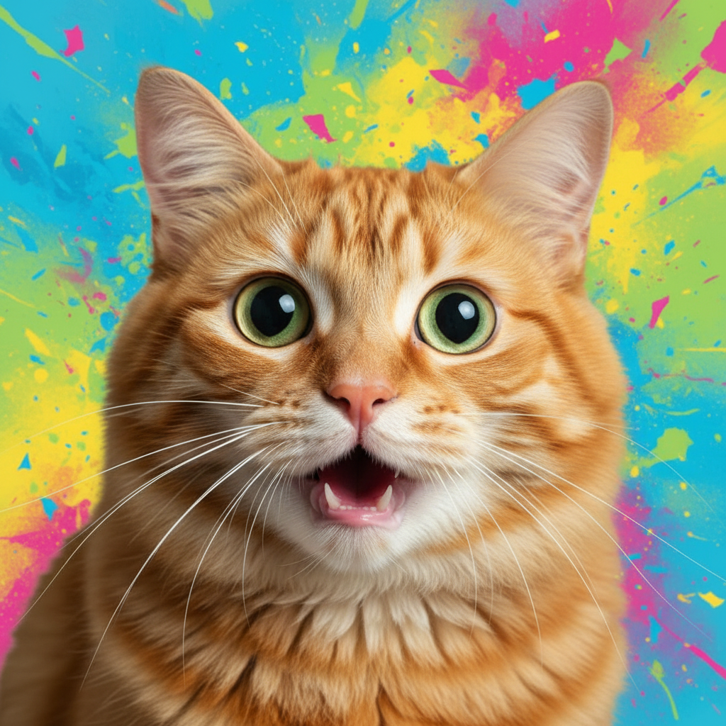 A dramatic cat with wide eyes and open mouth, looking surprised as if reacting to something hilarious, meme-style