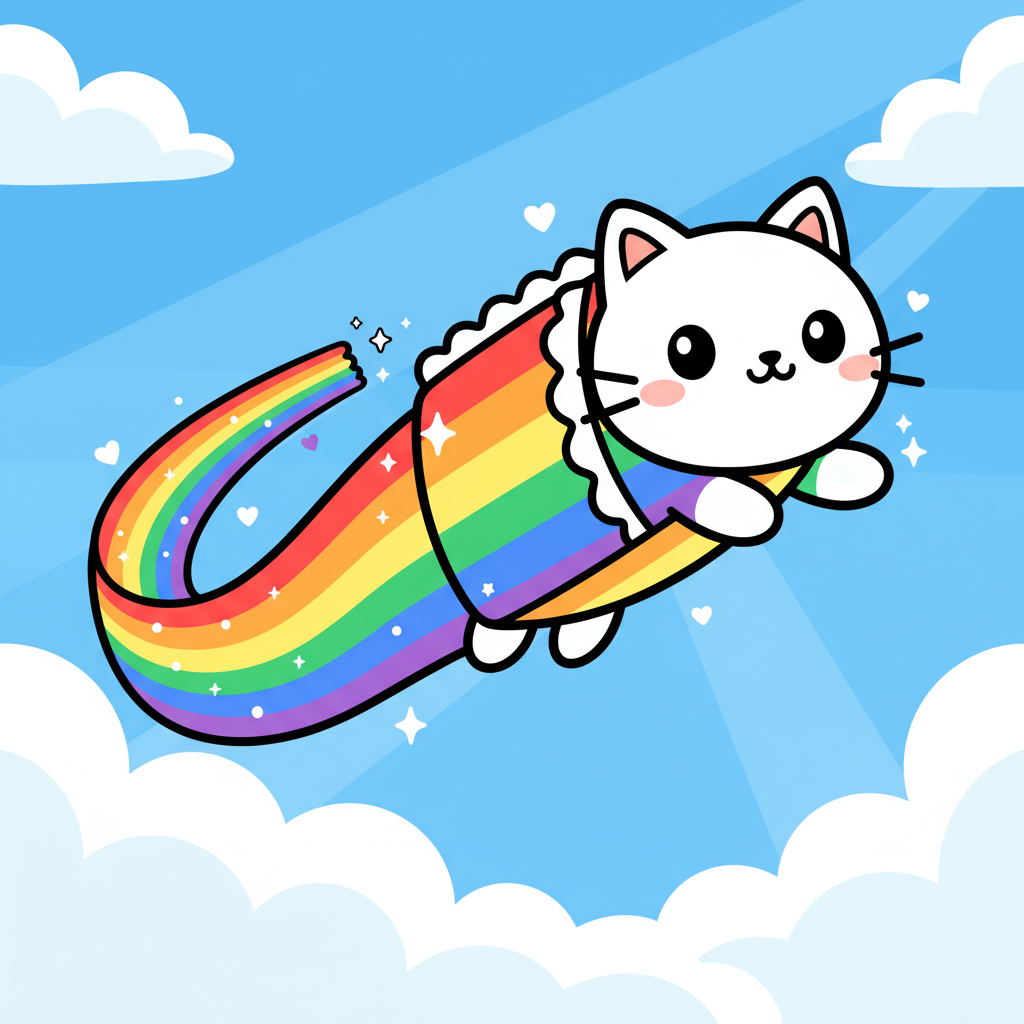A playful illustrated rainbow cat, inspired by the iconic Nyan Cat meme.
