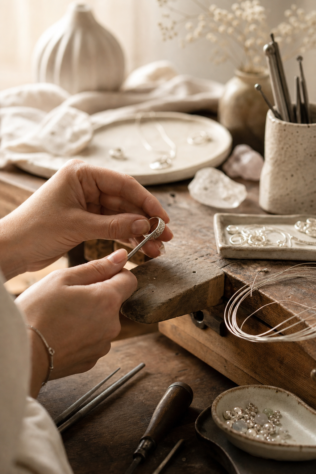 Softly lit artisan studio scene with hands shaping a silver ring on a wooden jeweler bench