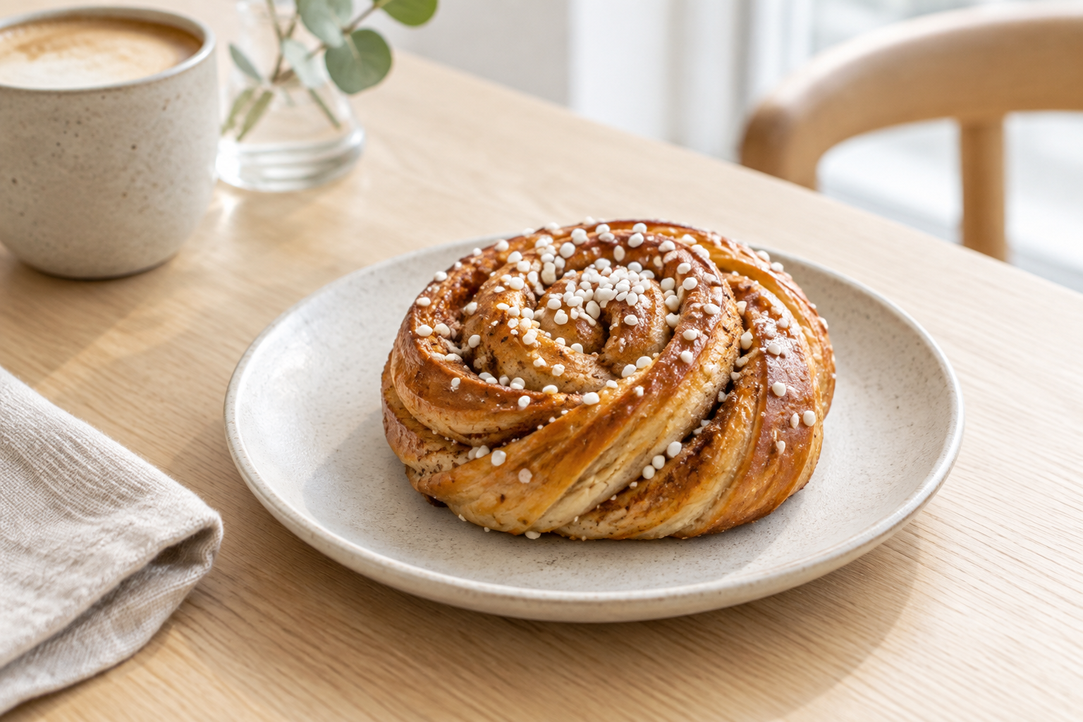 Golden cardamom bun with pearl sugar on a pale stone plate