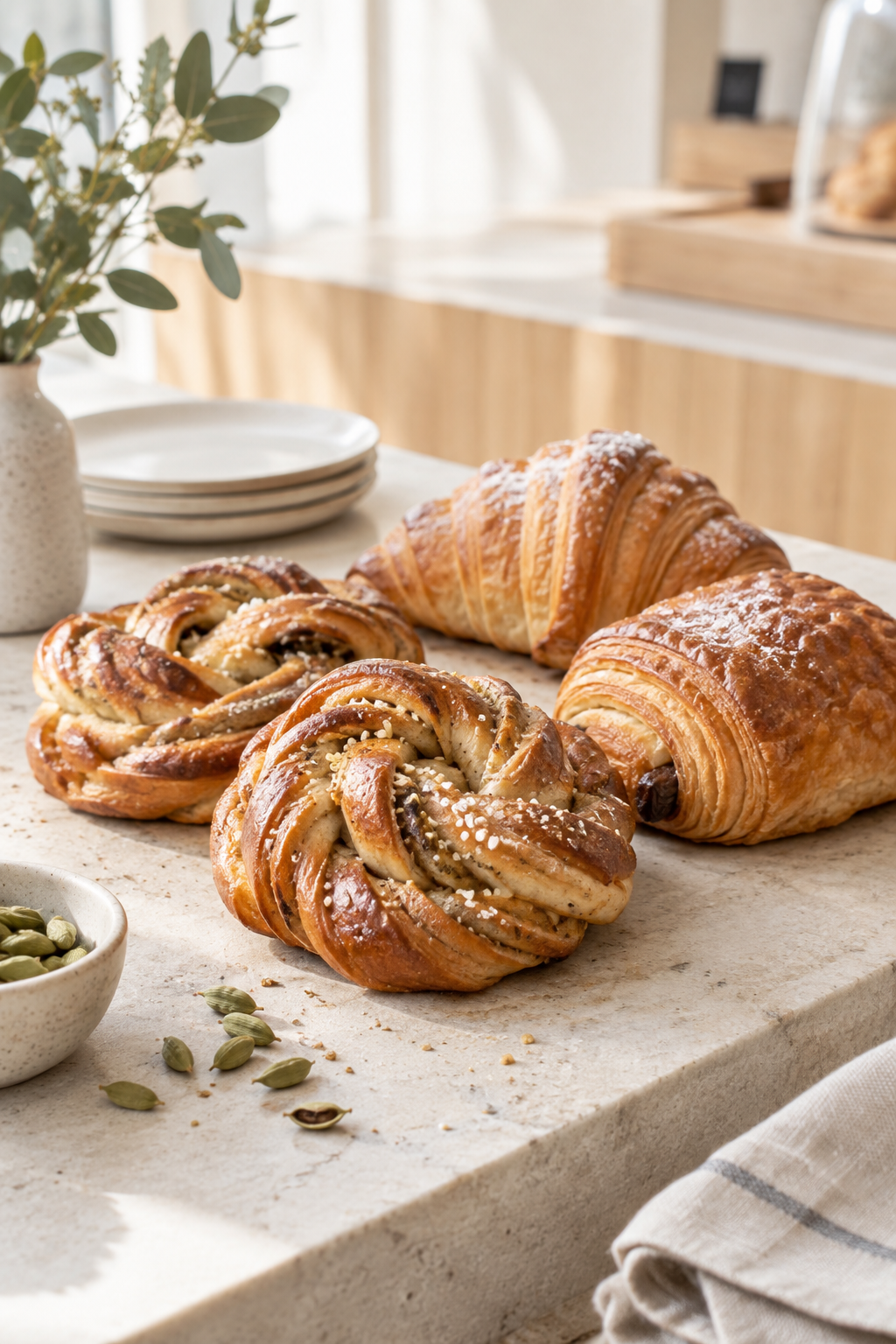 Golden cardamom buns and flaky pastries arranged on a pale stone counter