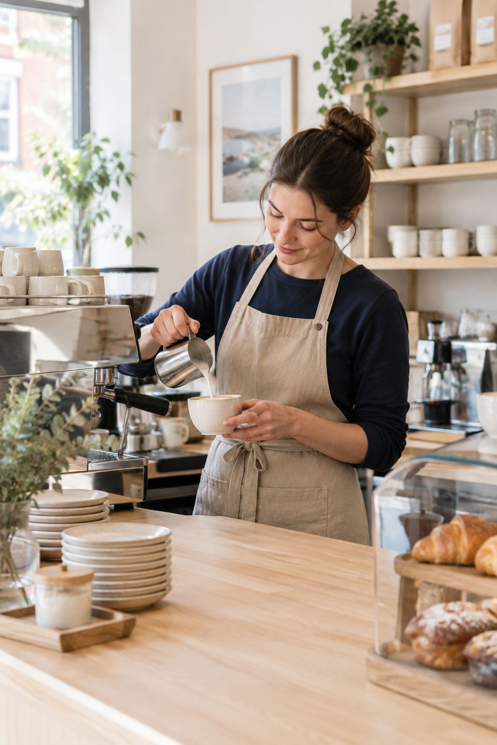 A cafe barista in a natural apron preparing coffee at a clean light-wood counter