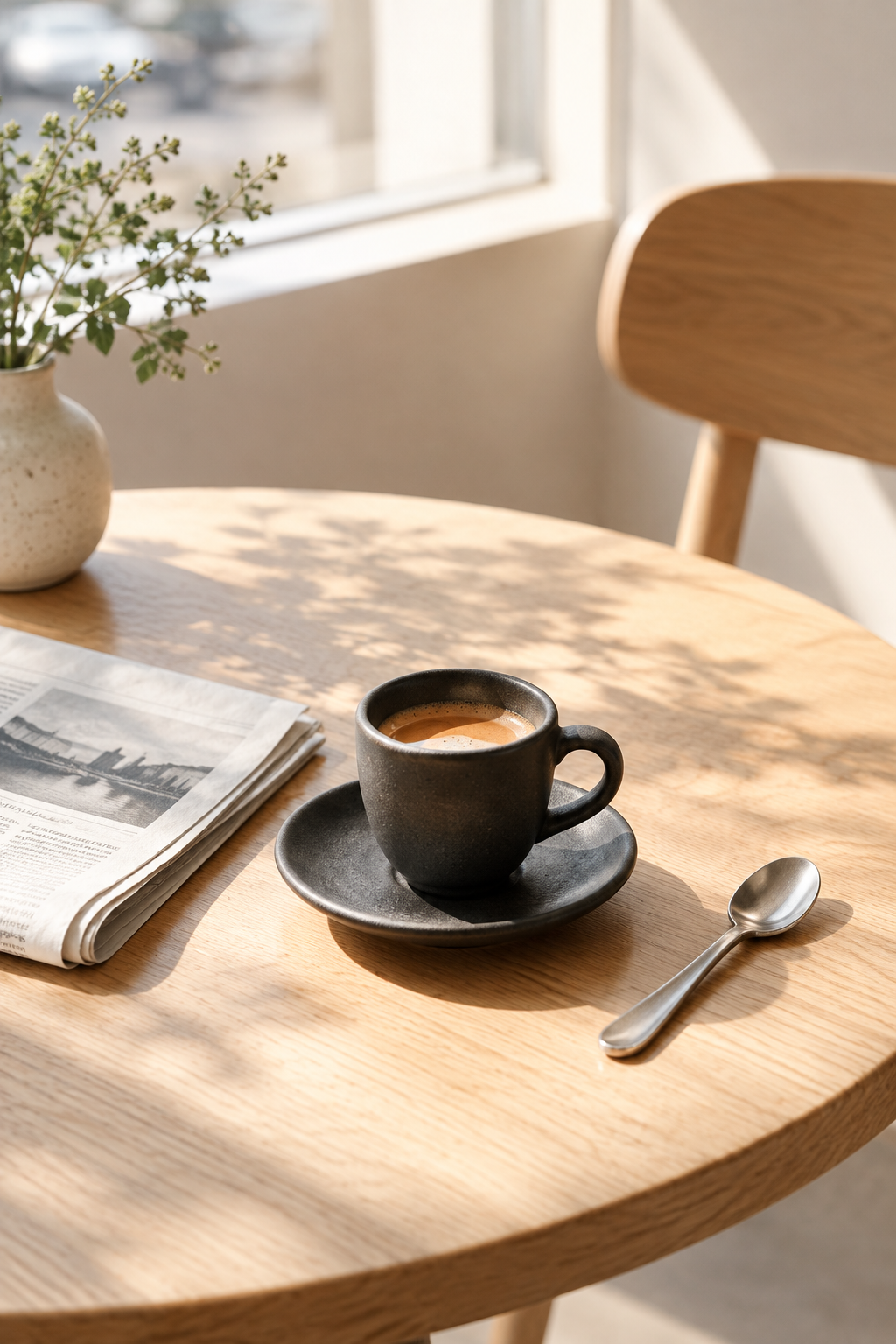 A small espresso cup and folded newspaper resting on a warm oak cafe table