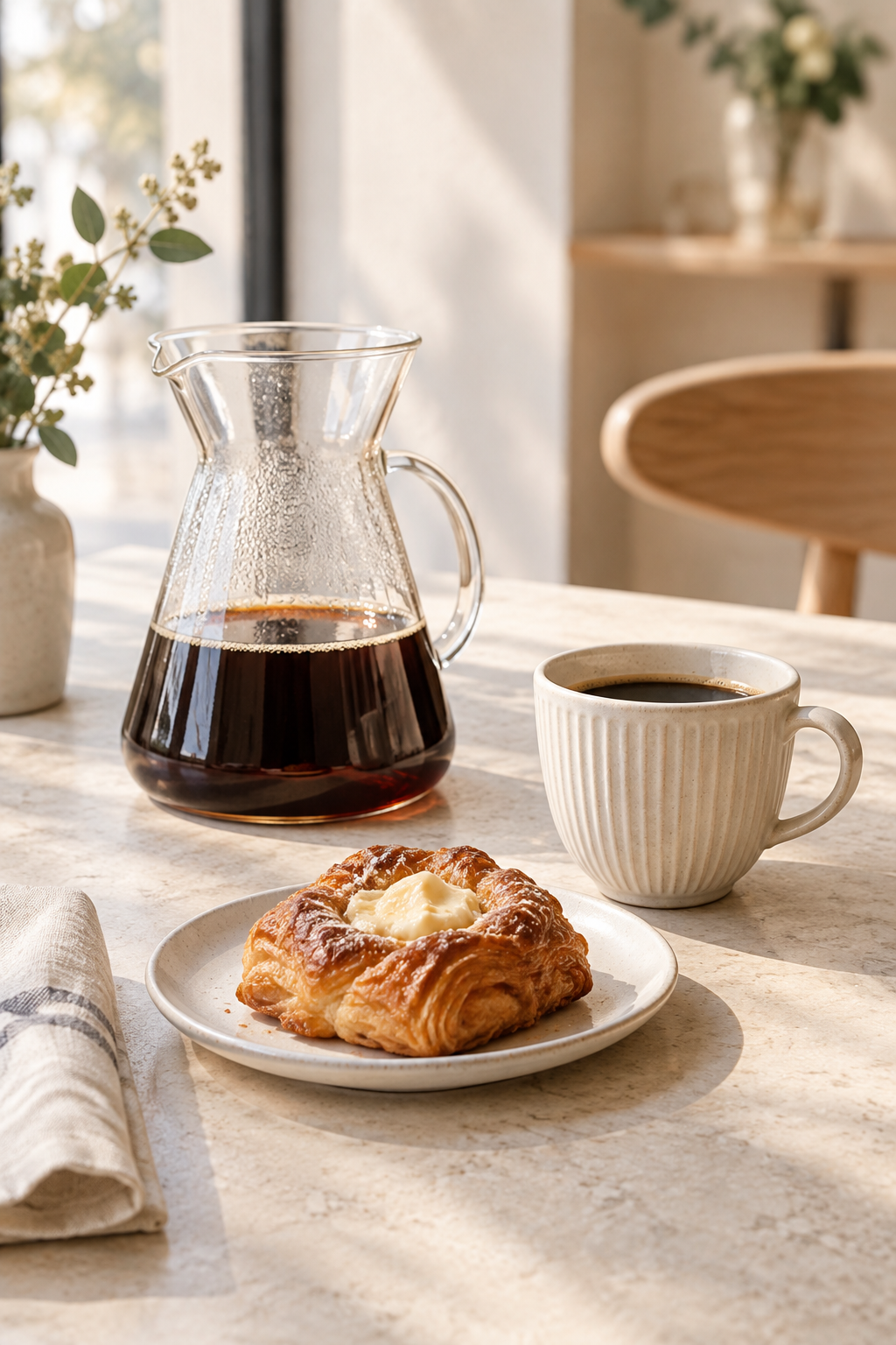 A glass carafe of filter coffee beside a buttered pastry in gentle morning light